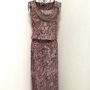 NOTATIONS Beaded‎ Dress Womens L Long Maxi Blouson Top Pullover Boho Beach